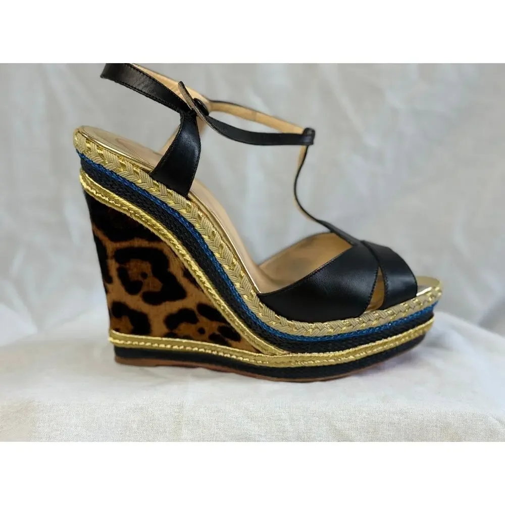 Authentic Christian Louboutin Leopard Pony Hair Platform Wedge Sandals Leather